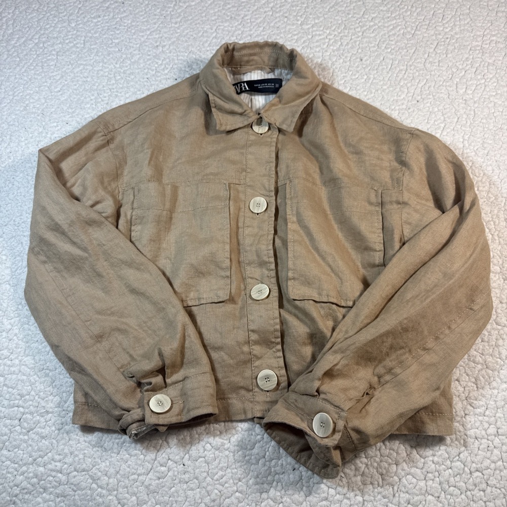 ZARA WomensCROPPED SAND BOMBER POCKETS Brown Cropped Button Casual Lined XS